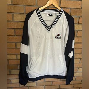 Vintage 90s FILA Long Sleeve Mesh V Neck Jersey Men’s Size XL White & Navy Blue